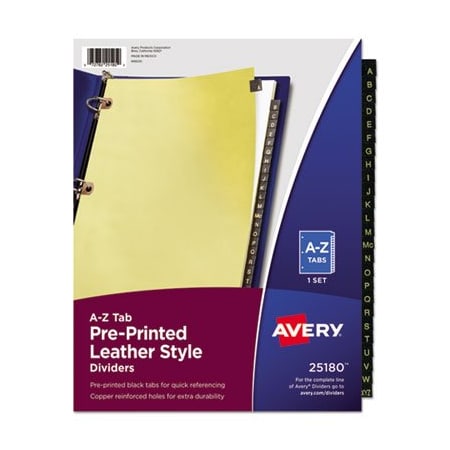 Avery Dennison Avery, Preprinted Black Leather Tab Dividers W/copper Reinforced Holes, 25-Tab, Letter 25180